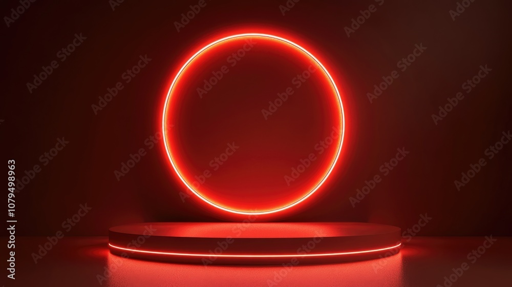 Fototapete red realistic 3d cylinder podium with glowing neon circular design abstract geometric rendering mini