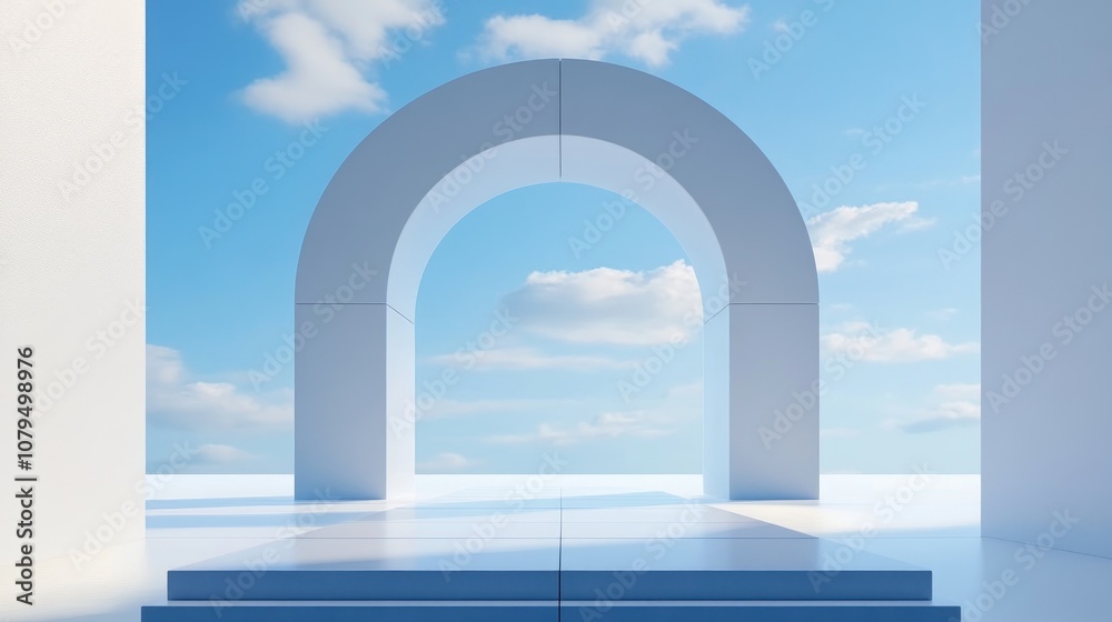 Poster 3D render of an abstract arch with a pedestal for showcasing products featuring a geometric shapes scene