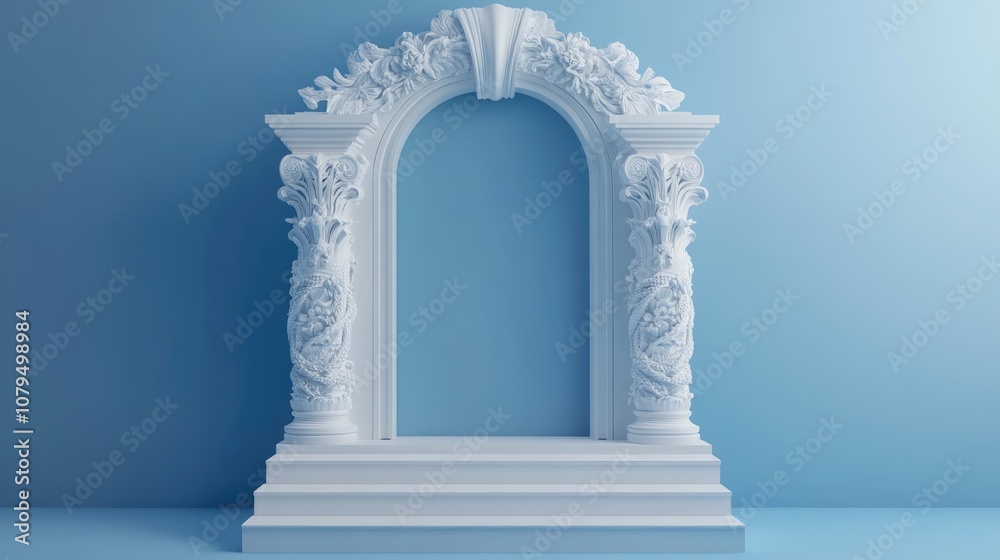Poster 3d representation of a paper art carved pedestal against a blue backdrop designed as a mockup for sh