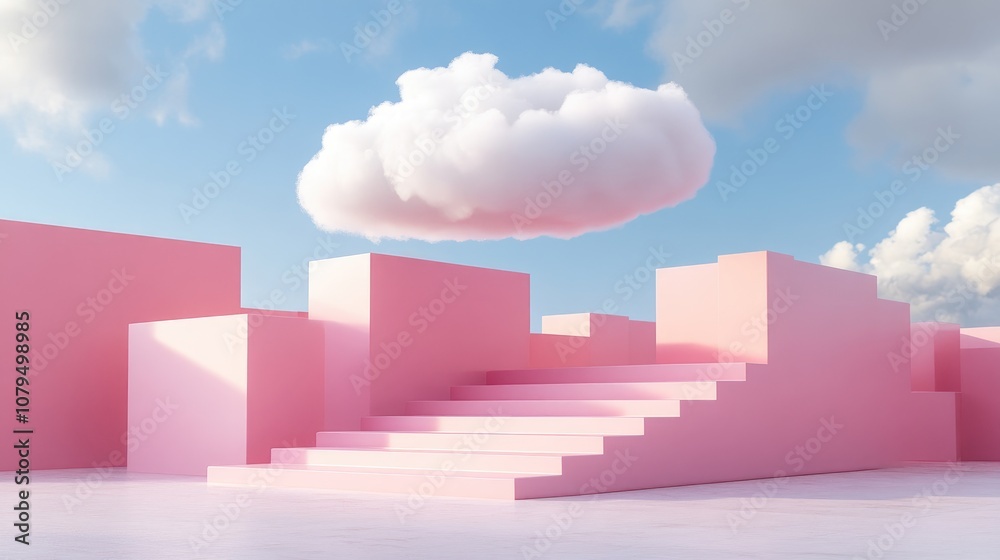Poster 3D rendering of an abstract urban minimal background featuring a white cloud hovering over pedestal steps showcasing modern architecture and pink stylish wallpaper