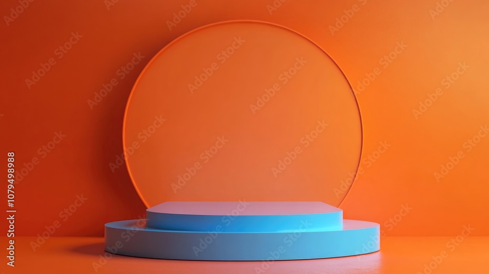 Poster blue podium display for award presentation on an orange backdrop 3d rendering