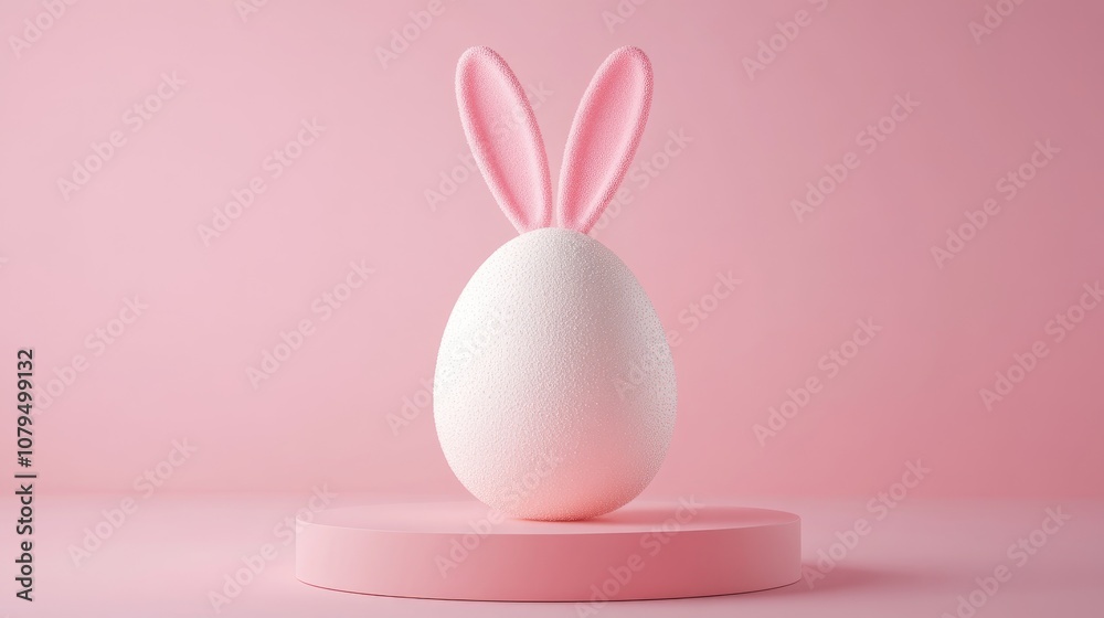 Aufkleber Easter egg with rabbit ears displayed on a circular pedestal against a pink background 3D rendering