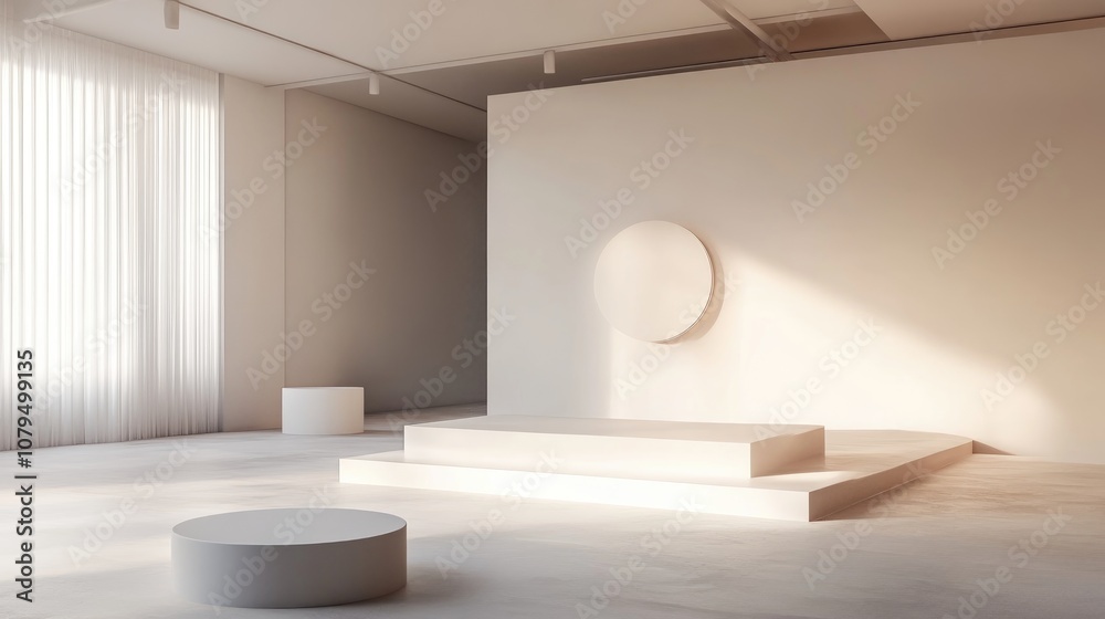 Fototapete 3D rendering of a studio featuring geometric shapes and pedestals on the floor serving as a platform for abstract product presentation in a minimalistic design