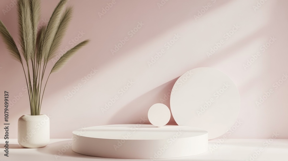 Poster 3d rendering of a pink minimal podium display mockup for product presentation featuring geometric sh