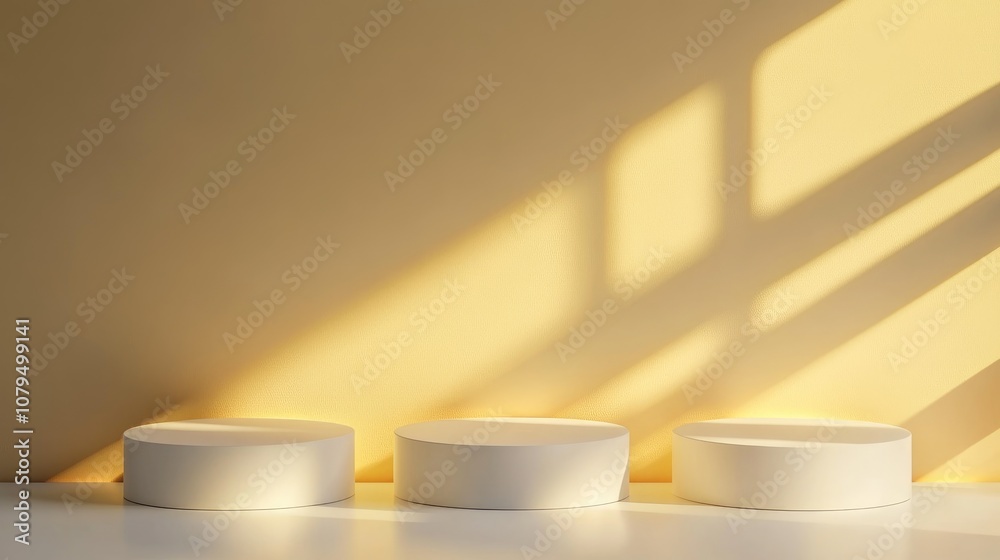 Poster simple minimalist composition of three white podiums for product presentation geometric shapes in 3d