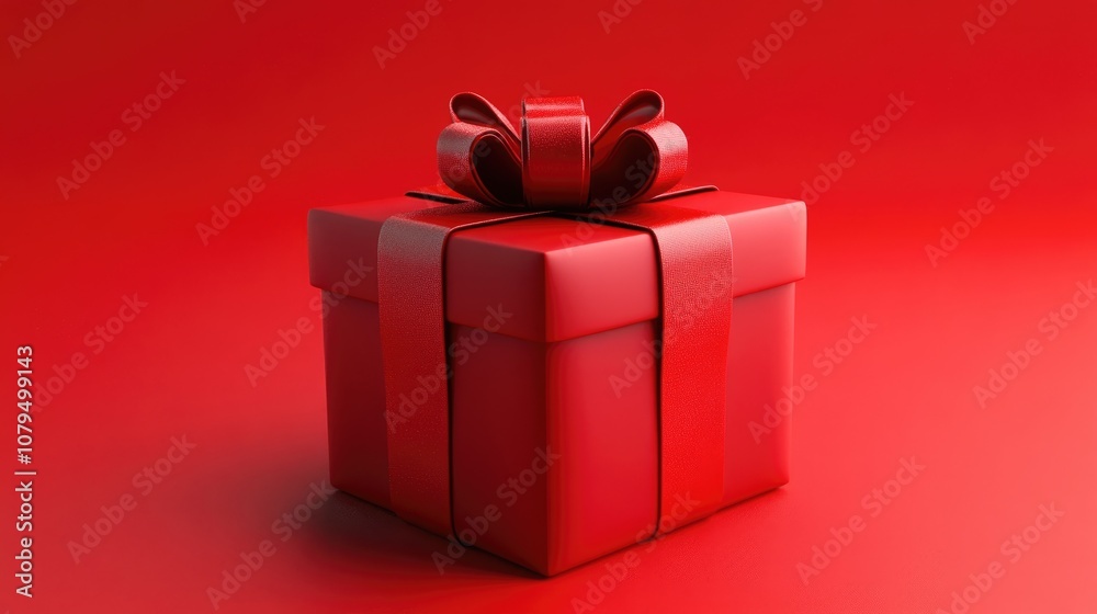 Poster Red gift box adorned with a red ribbon bow on a matching red backdrop 3D rendering
