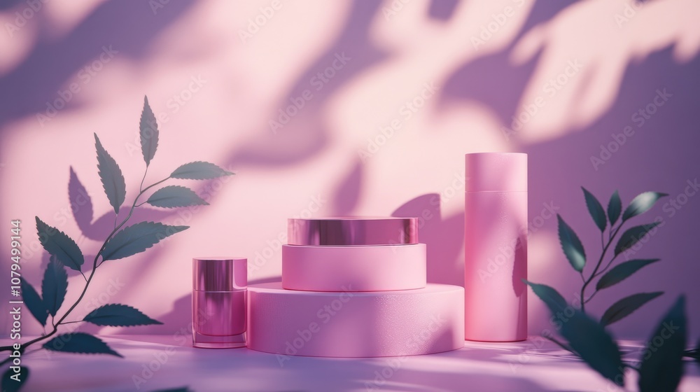 Poster podium display for product presentation featuring a shadow of leaves against a cosmetic themed 3d ba
