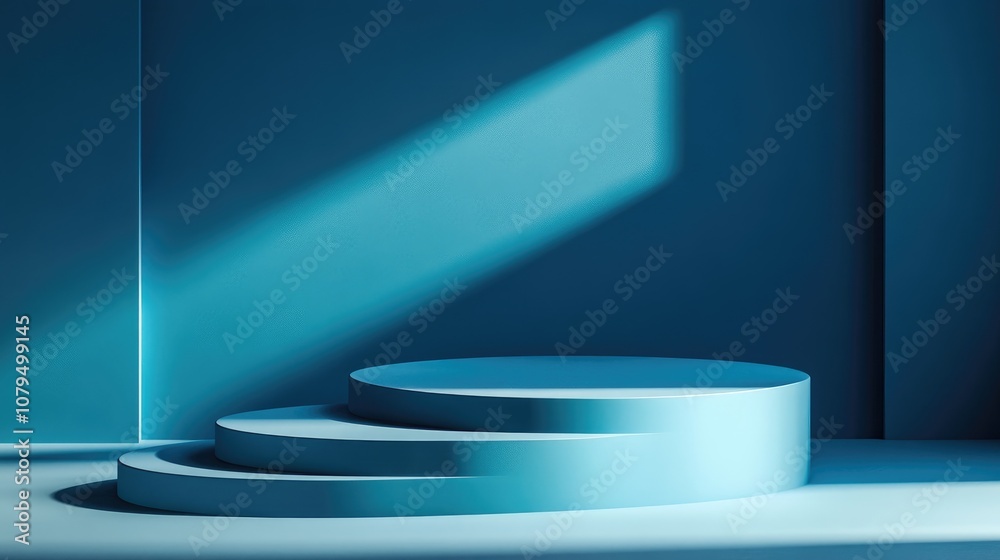 Poster 3d blue display podiums with two stairs for product advertising set against a two tone blue backgrou
