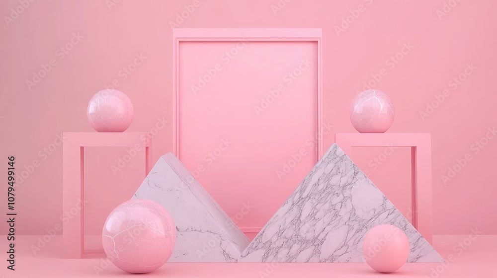 Poster 3D rendering of geometric shapes product display with a frame marble finish minimalist design