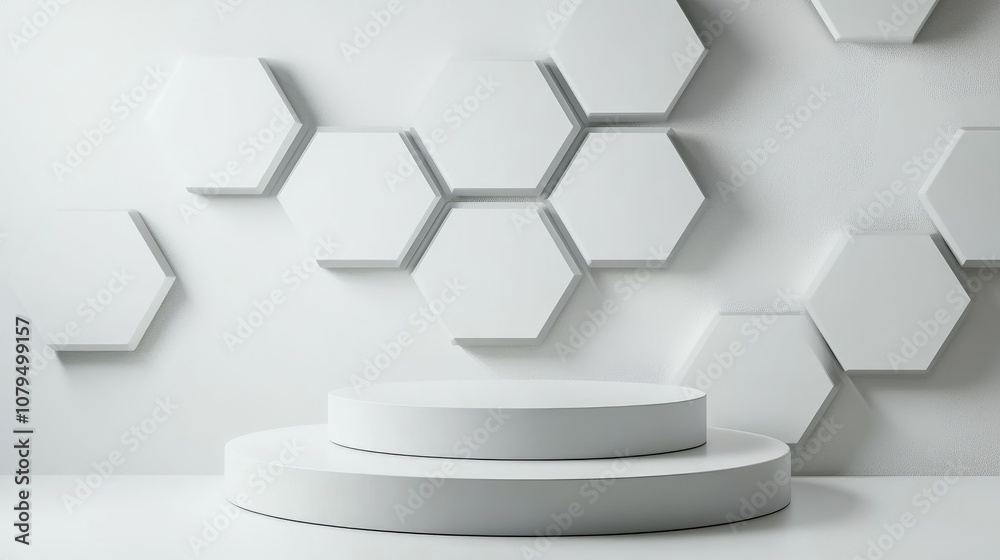 Leinwandbilder Minimalistic studio background featuring a 3D white and gray hexagon podium Abstract geometric shape illustration for showcasing beauty and cosmetics products