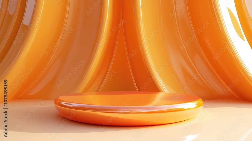 Poster orange glossy podium with an abstract geometric background circular pedestal for showcasing cosmetic