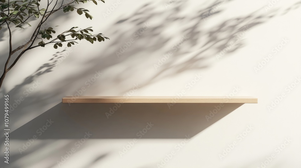 Fototapete minimalist white wall featuring a wooden shelf for showcasing products unoccupied space with tree le