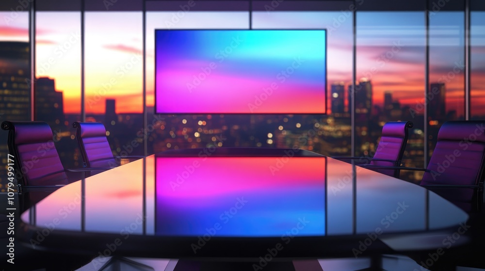 Poster Glass table with LED screen backdrop in a news studio setting 3D rendering