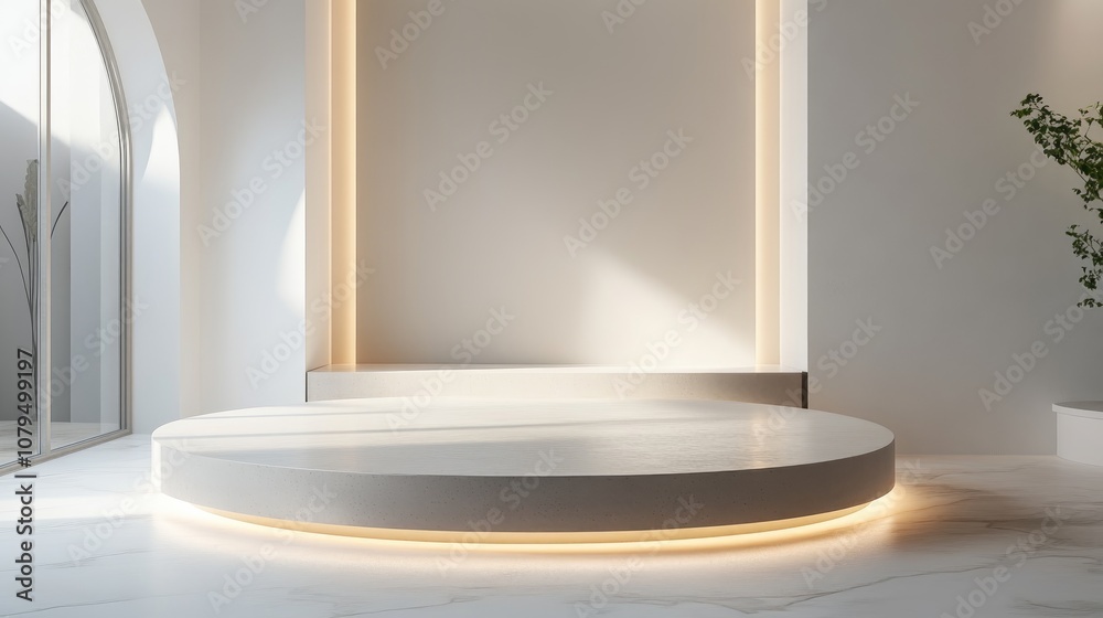 Poster display pedestal and design platform in a white room with lateral lighting 3d rendering