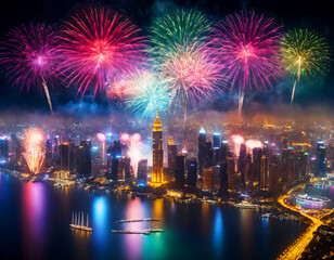 Fototapeta premium A vibrant aerial view of a bustling city skyline illuminated by a dazzling fireworks display.