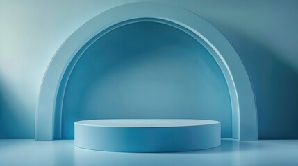 3D rendering of an abstract blue background featuring a blank podium for product display