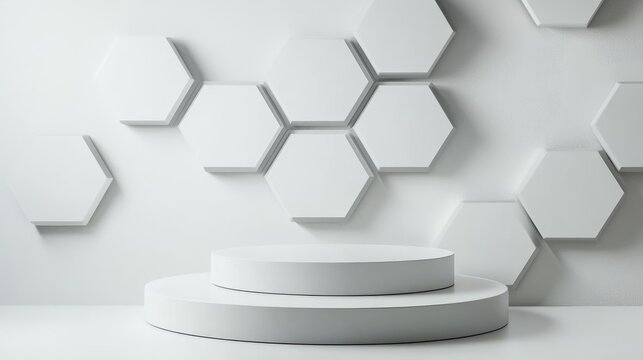 Minimalistic studio background featuring a 3D white and gray hexagon podium Abstract geometric shape illustration for showcasing beauty and cosmetics products