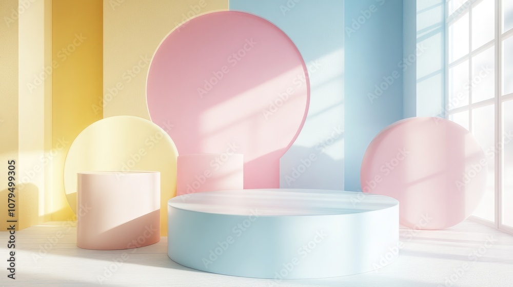 Poster Abstract geometric shapes in soft pastel colors minimal design for product display podium 3D render 3D illustration