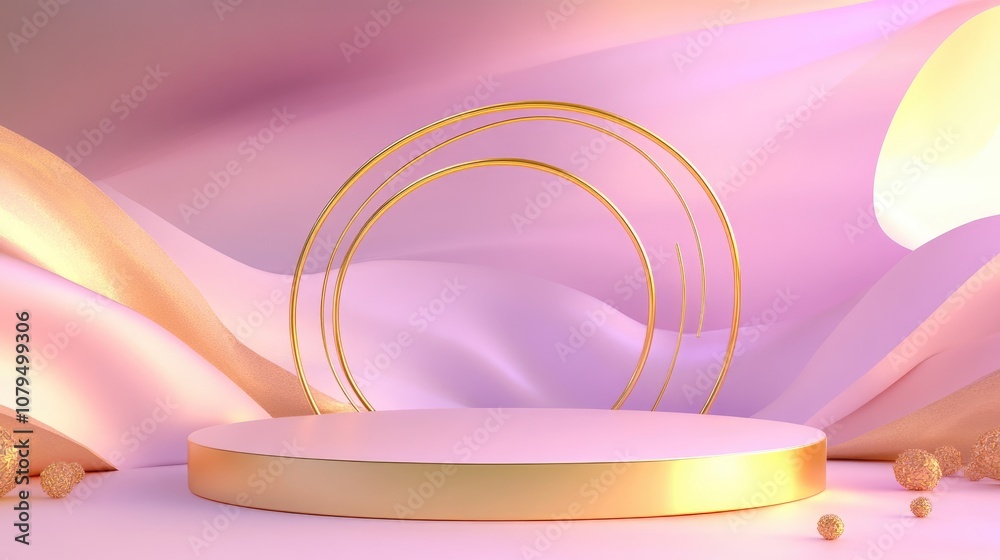 Poster 3D Podium on Soft Background Mock up Scene Abstract Geometric Design with Golden Accents Minimalist Geometric Shapes Design Element for Various Uses