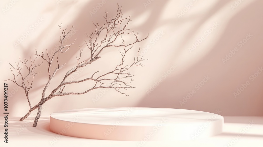 Poster Podium display on a soft pastel background Abstract geometric arrangement featuring a branch and its shadow on the surface 3D rendering Template for exhibitions presentations and branding in the h