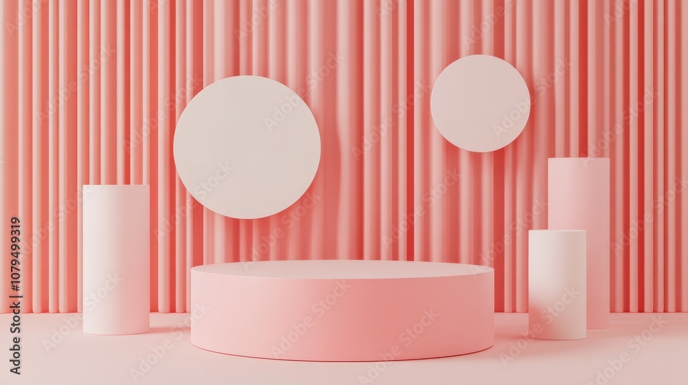 Poster 3D rendering of a minimal pink coral podium or pedestal for showcasing products accompanied by abstract geometric shapes including cylinders circles and cubes in the background