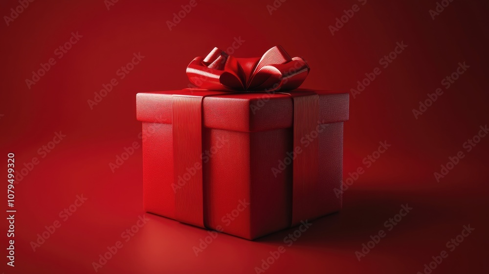 Aufkleber red gift box adorned with a red ribbon bow on a matching red backdrop 3d rendering