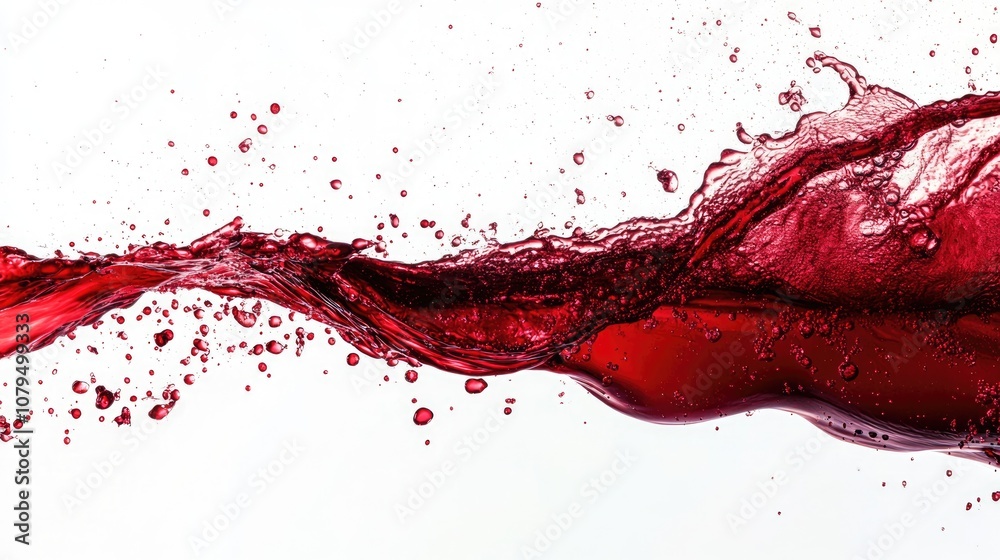 Poster Dynamic Red Wine Splash with Droplets Captured Against a Clean White Background