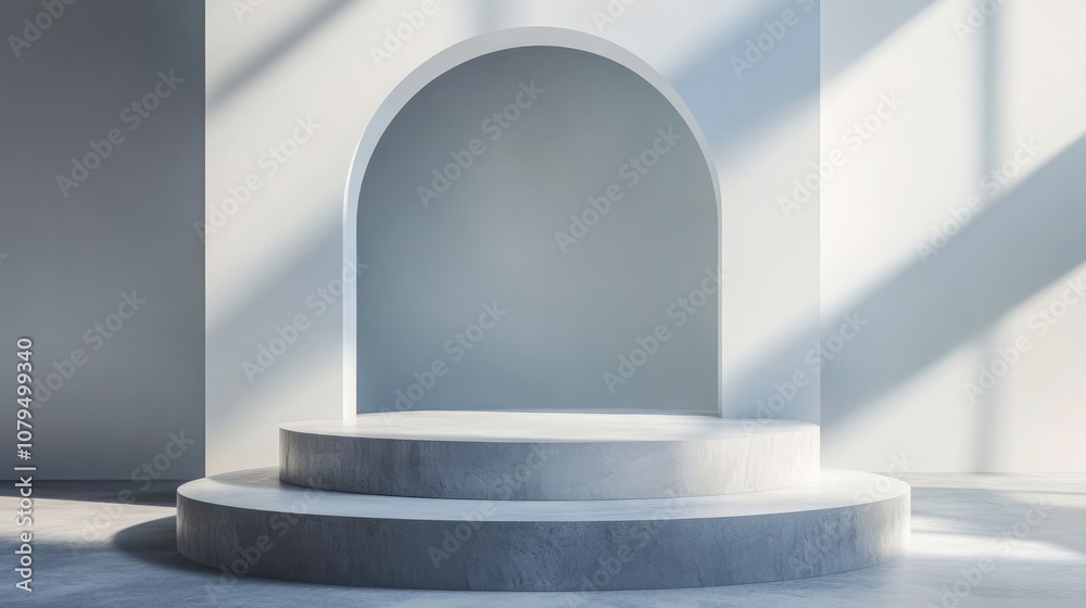 Poster 3D rendered background showcasing an elegant white and gray podium stand with a circular design for product mockups