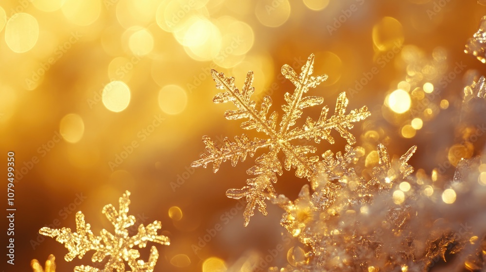 Poster golden snowflakes hang among ice crystals radiating warmth against a cool bokeh background producing
