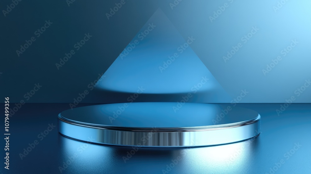 Aufkleber Glossy chrome podium on blue backdrop Empty showcase mockup featuring a round stage Abstract geometric background Space for product display advertisement with copy area 3D rendering