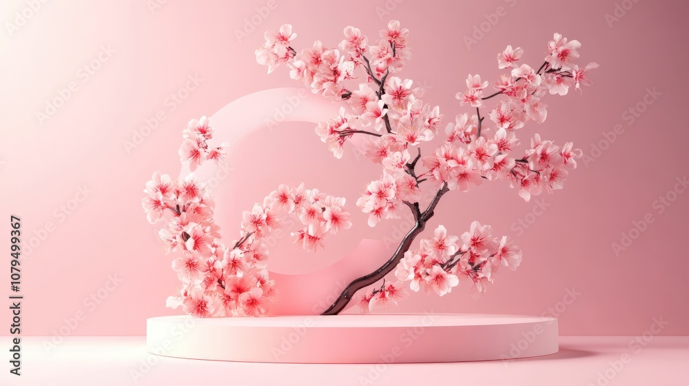 Poster 3d rendering of a product stand featuring cherry blossoms in isolation