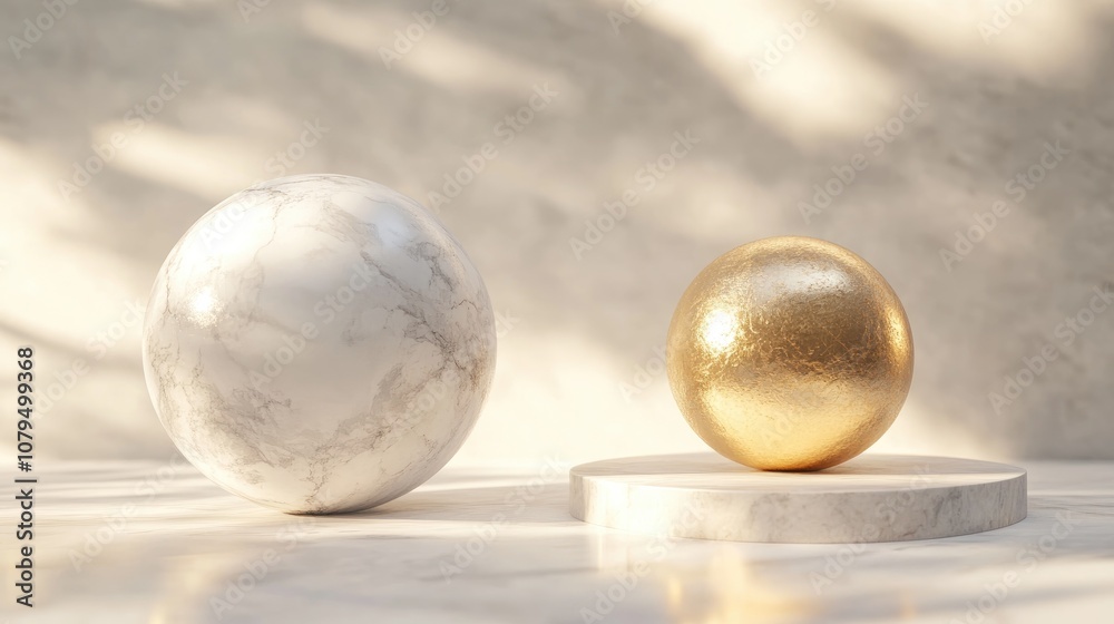 Poster 3D rendering of a display podium featuring a marble sphere and a golden sphere against a soft background