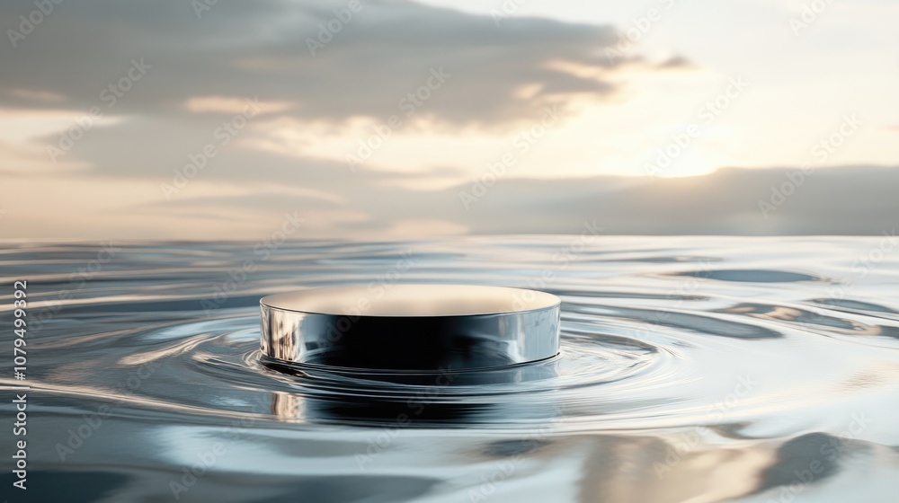 Poster water pedestal for showcasing products featuring a reflective liquid surface 3d rendering