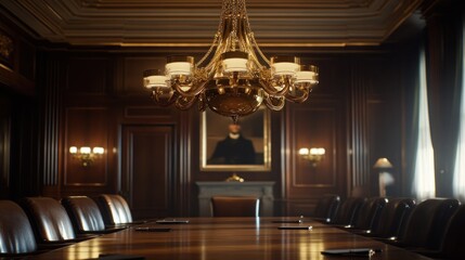 Obraz premium A mahogany conference room with a large chandelier and a portrait hanging on the wall behind the conference table.