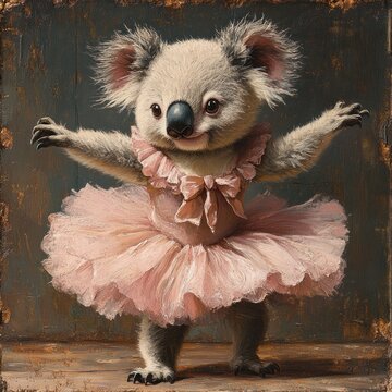 A cute koala bear wearing a pink tutu and standing on a wooden floor, with a brown wooden background.