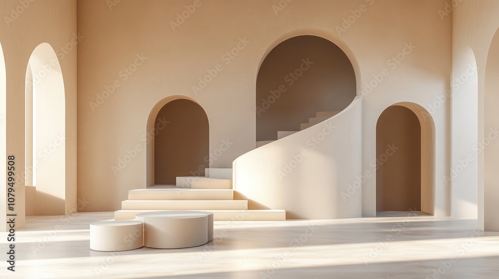Aufkleber Abstract composition featuring geometric shapes in a 3D rendering Minimalistic bright studio setup with an empty podium staircase and arches for promotional displays and product presentations