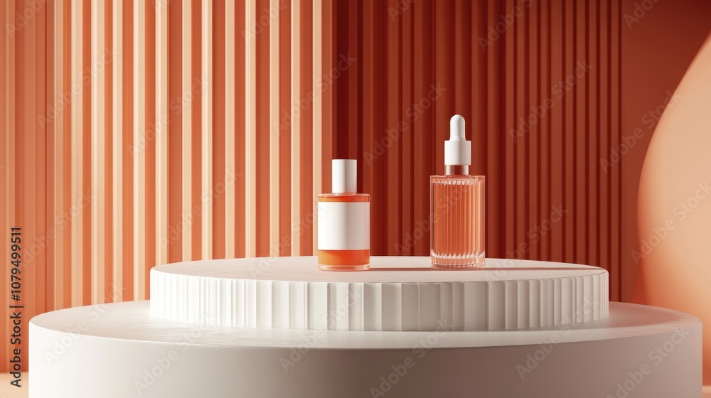 Aufkleber 3D rendering of a background podium and display stand featuring an abstract minimal scene with geometric forms showcasing calming coral and white colored cylindrical glass elements designed for co
