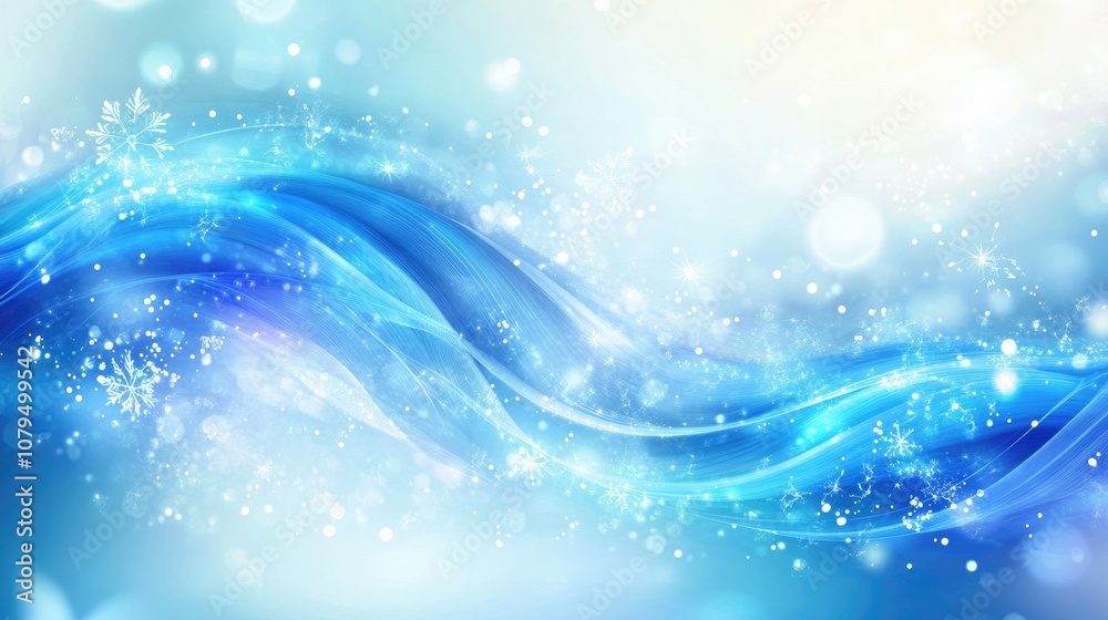 Aufkleber Vibrant abstract background featuring dynamic blue and turquoise waves adorned with sparkles water droplets and snowflakes creating a decorative space for text