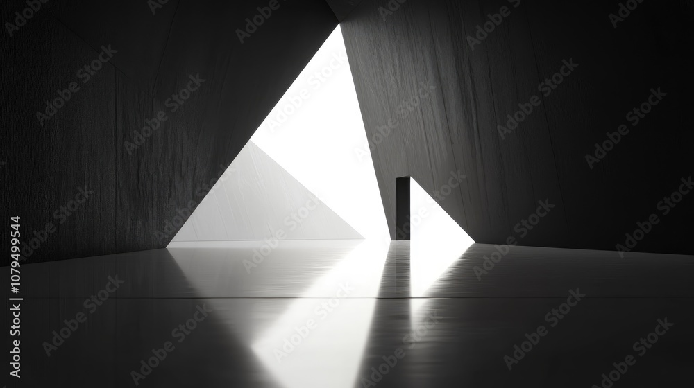 Poster 3d render of an abstract black geometric background featuring bright white light streaming through a