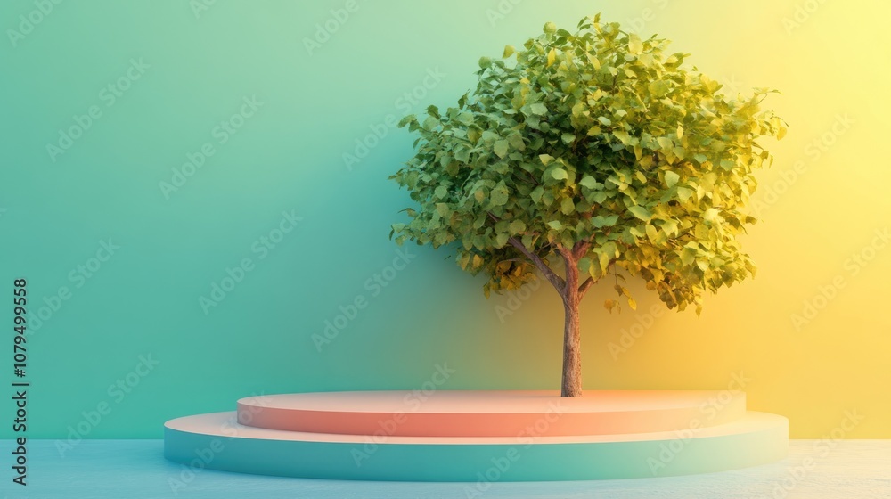 Aufkleber Aerial perspective featuring a vibrant backdrop with a tree stand or podium set against a blank display 3D rendering