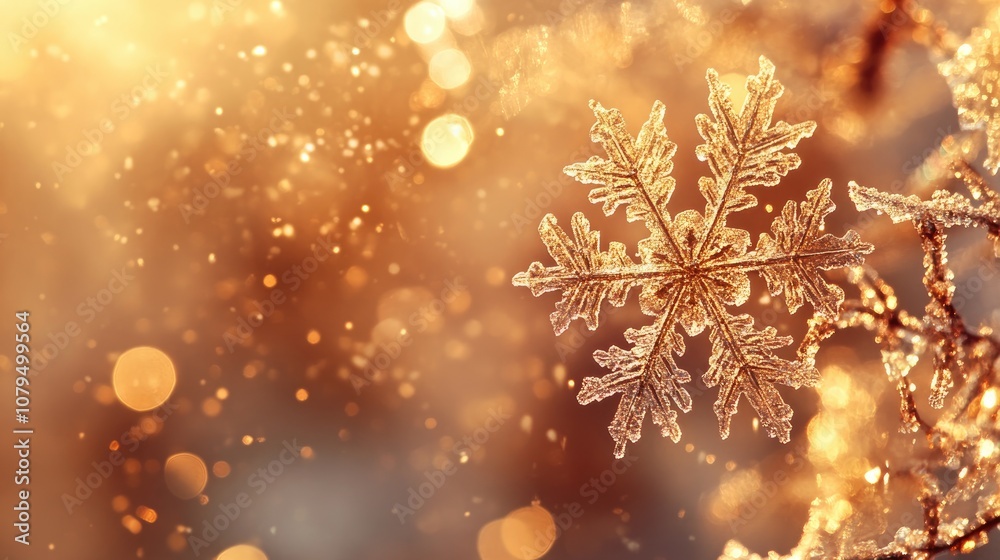 Poster golden snowflakes hang among ice crystals radiating warmth against a cool bokeh background producing
