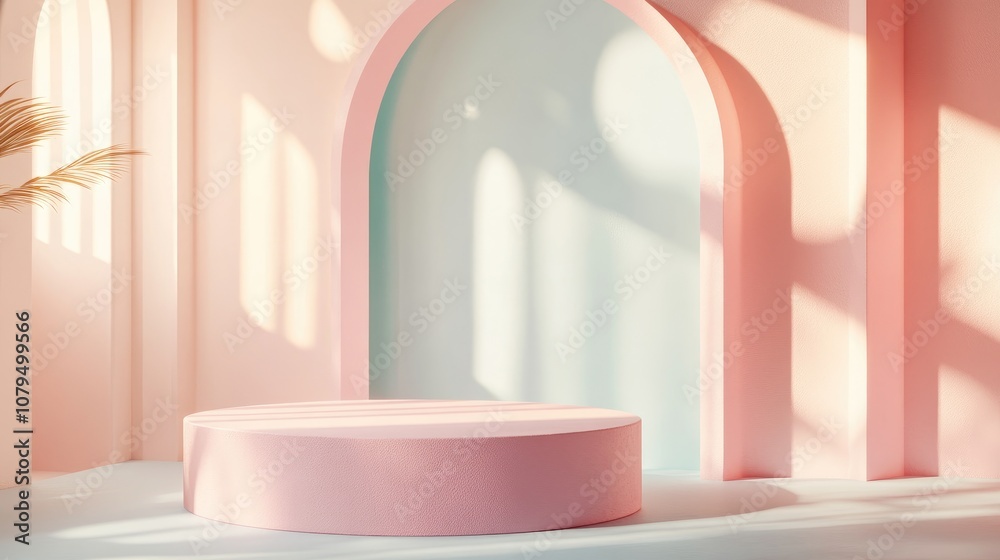 Poster Minimalistic abstract mock up scene featuring pastel colored geometric shapes and a podium background for product display 3D rendering