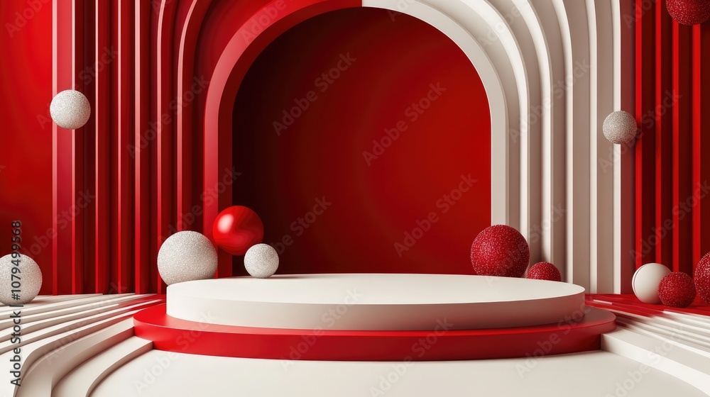 Poster 3D minimal studio background featuring a red and white podium scene Abstract geometric shape illustration for holiday product displays