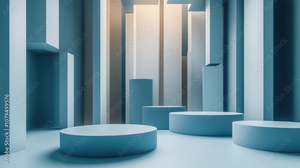 Aufkleber 3d rendered scene featuring blue and white cylindrical podium in a stacked rectangular background