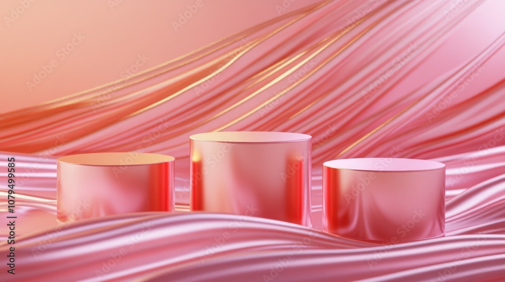 Aufkleber bright neon salmon pink 3d rendering featuring three luxury cylindrical podiums against a wavy texti