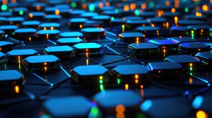 Fototapeta premium Dark hexagonal platforms linked together in a background 3D rendering Digital computer illustration