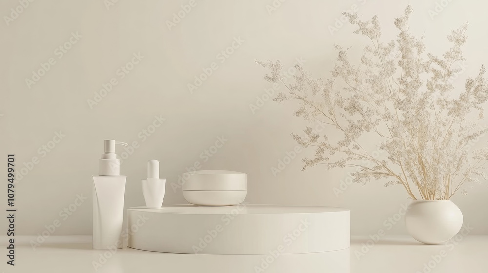 Poster White podium with a reflective background for showcasing a cosmetic product featuring an empty display in 3D rendering