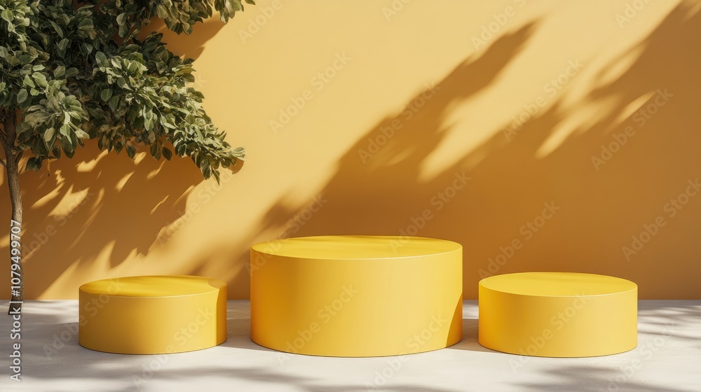 Poster round podiums in solid yellow for brand promotion empty platform mockup set against a warm sunny bac