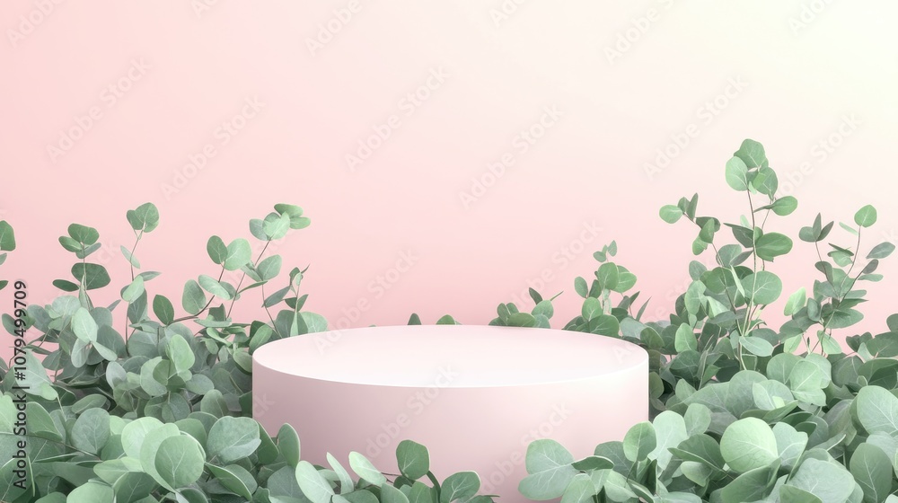 Poster glossy pink circular pedestal surrounded by green eucalyptus leaves empty space for product presenta