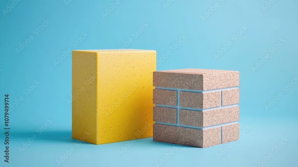Leinwandbilder Minimalistic composition featuring a brick block and a yellow steel block against a blue backdrop Geometric form highlighting 3D rendering ideal for product presentation